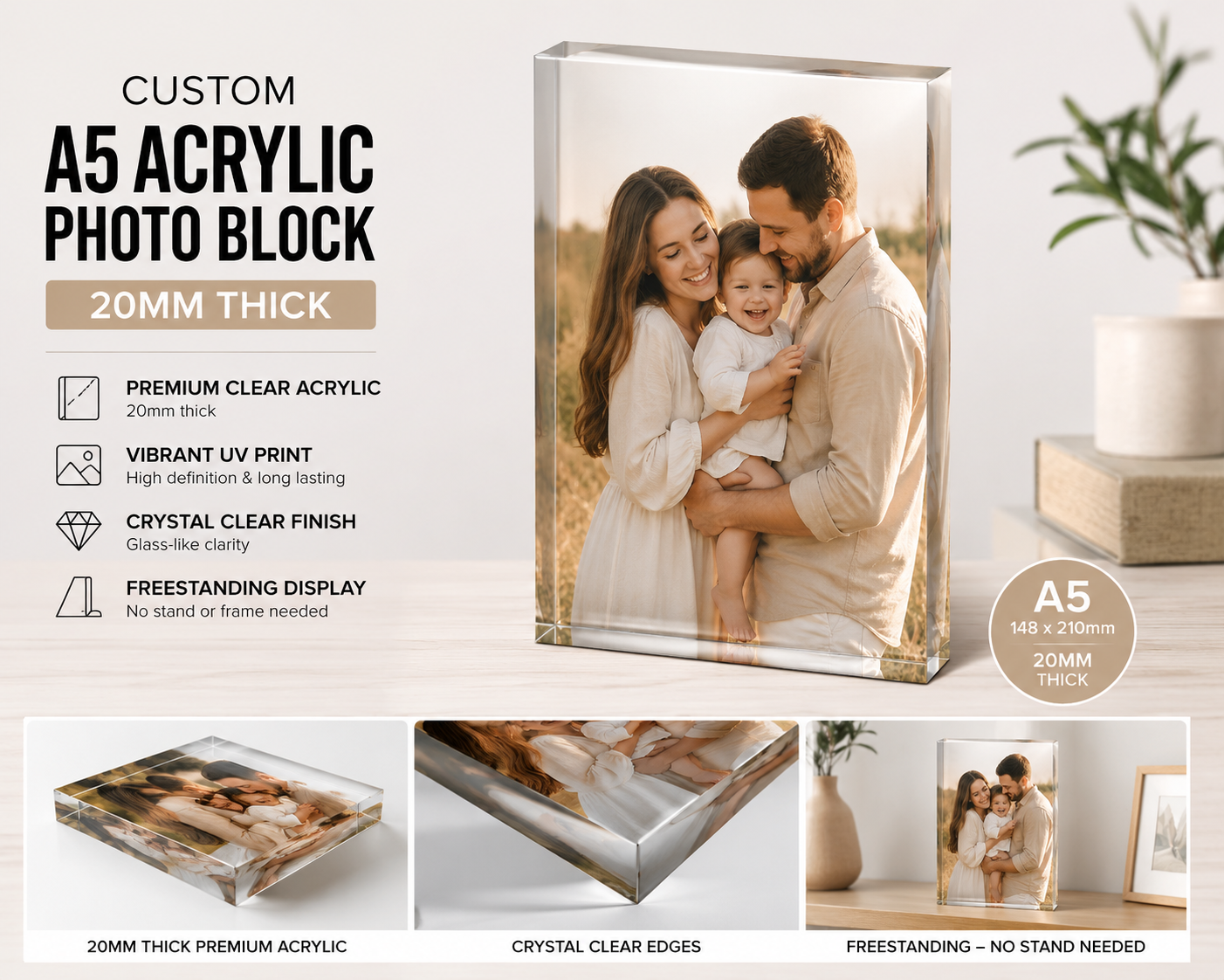 Custom Acrylic Photo Blocks Australia. Modern Freestanding Photo Displays