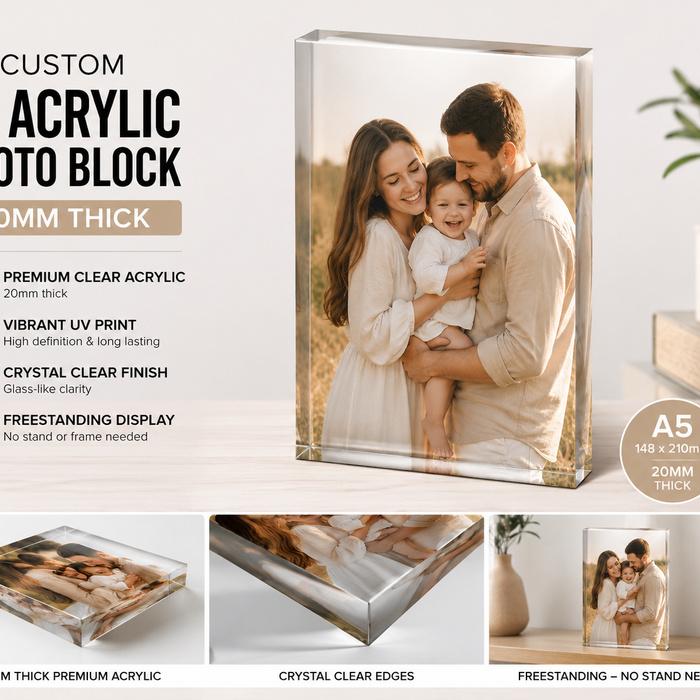 Custom Acrylic Photo Blocks Australia. Modern Freestanding Photo Displays