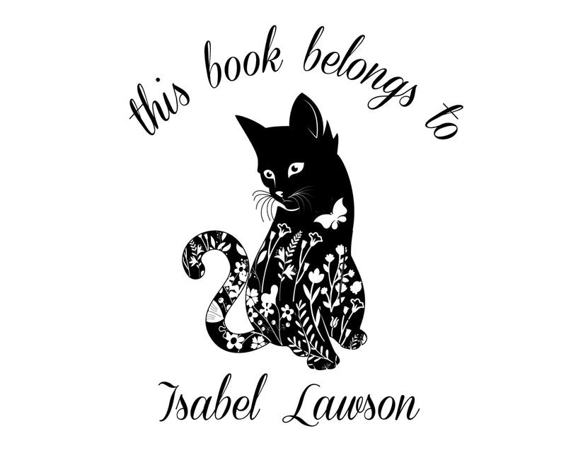 Personalised Cat Custom Name Ex Libris Book Stamp - JL-FloralCats4
